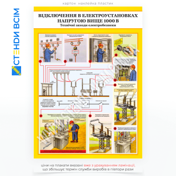Плакат «Відключення в електроустановках вище 1000 В» застосовується на підприємствах або об'єктах, де є електроустановки з високою напругою, наприклад, на підстанціях, електростанціях, виробничих лініях з електрообладнанням високої потужності.