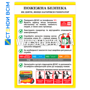 Плакат «Як діяти якщо загорівся генератор» інформує про правильний алгоритм дій у разі займання генератора, знижуючи ризик травм, матеріальних збитків і загострення пожежі та навчає людей діяти спокійно й ефективно в критичній ситуації.