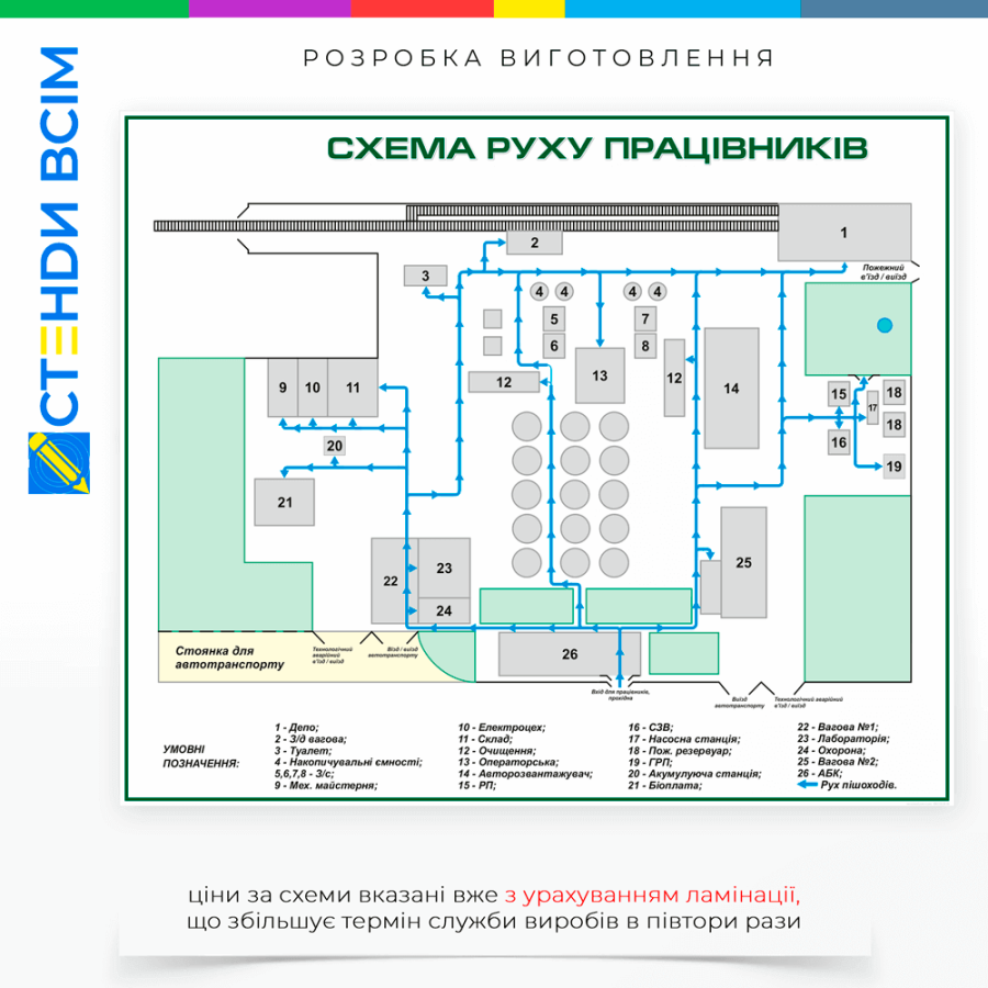 Стенд «Схема руху транспорту по території», який відображає детальну схему маршруту транспортних засобів на певній ділянці території для забезпечення зручного доступу до інформації для водіїв та працівників.
