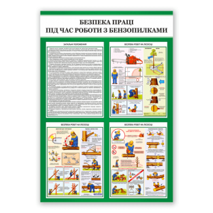 Стенд з ілюстраціями безпечного тримання бензопили, правильного положення тіла під час роботи, зон обмеженого доступу «Безпека праці під час роботи з бензопилами», який спрямований на підвищення рівня обізнаності та запобігання нещасним випадкам.
