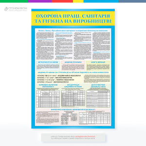 Стенд «Санітарія та гігієна на виробництві», який допомагає забезпечити відповідність вимогам охорони праці, зменшити ризики виникнення нещасних випадків та професійних захворювань, а також сприяє підтриманню чистоти та безпеки на робочих місцях.