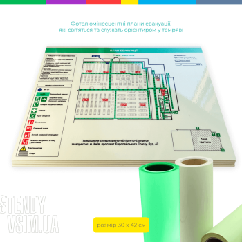 «План евакуації», який розробляється з подальшим виготовленням на пластиковій основі для подальшого розміщення у випадках виникнення пожежі, загрози вибуху або витік небезпечних речовин, землетрусу, навчальній тривозі та тренуванні.