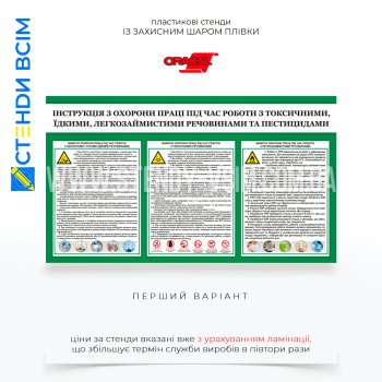 Стенд «Інструкція з охорони праці під час роботи з пестицидами», щоб забезпечити здоров'я та безпеку людей, які працюють з небезпечними хімічними речовинами, а також знизити ризики негативного впливу цих речовин на навколишнє середовище.