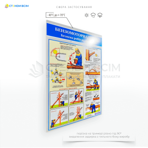 Плакат «Безопасность работ на лесосеке. Бензопила - 2», которая служит для уменьшения количества несчастных случаев на производстве или в быту из-за неправильного использования бензопилы и обеспечения надлежащей эксплуатации бензопилы.