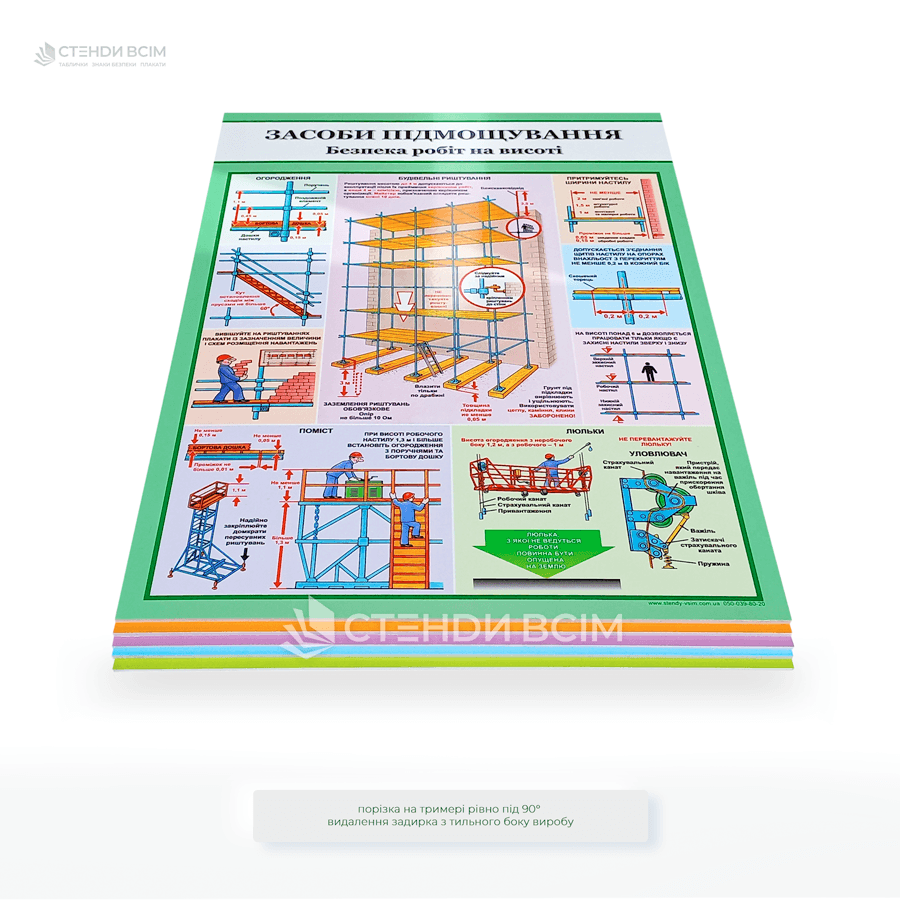 Плакат охорони праці «Засоби підмощування» - показує правильне розміщення працівників, матеріалів і настилів, а також елементи захисту