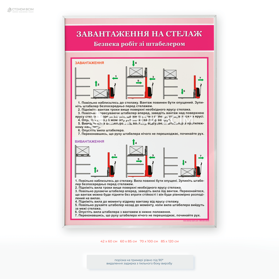 Другий варіант плаката «Завантаження вантажу на стелаж - 2», для оптимізації роботи, сприяння рівномірному завантаженню стелажів для ефективного використання простору, відповідність вимогам охорони праці, технічним регламентам.