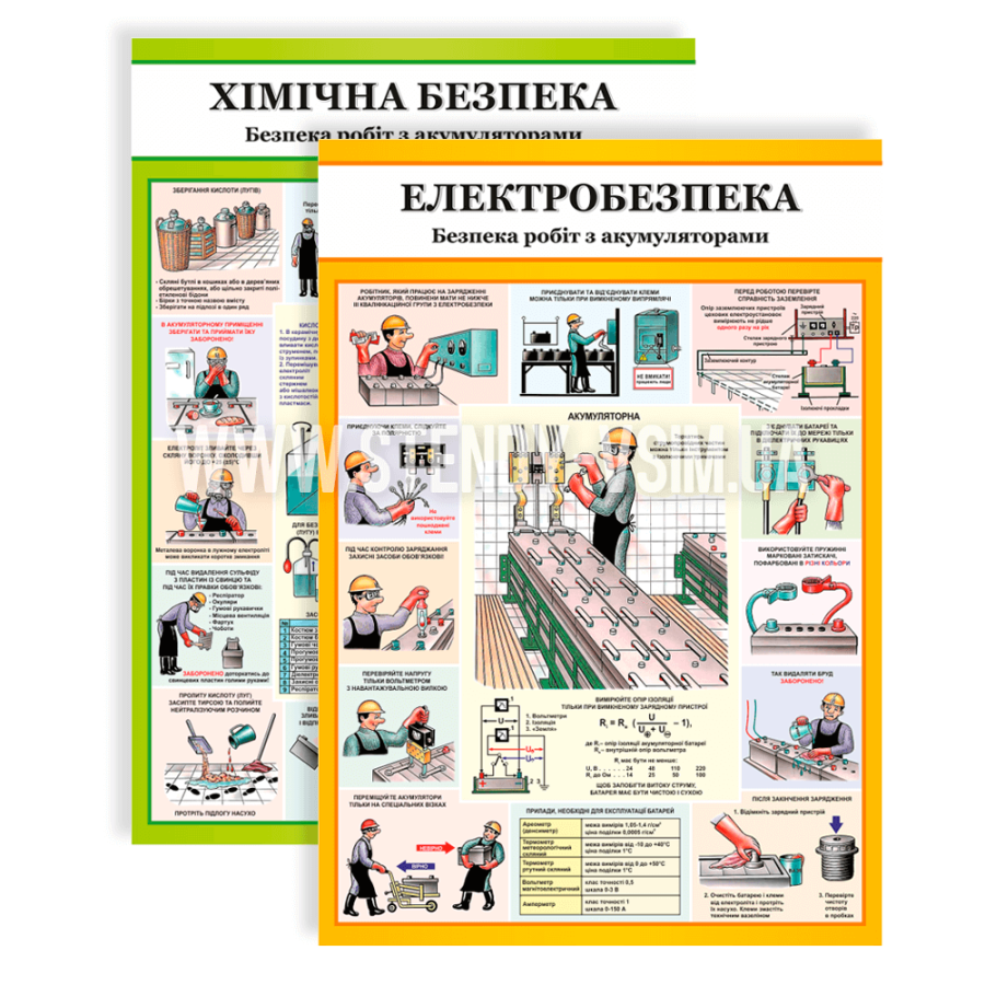 Плакати «Безпека робіт з акумуляторами», які містять правила та рекомендації щодо електричної та хімічної безпеки, які необхідно знати при експлуатації, обслуговуванні та утилізації акумуляторів, допоможуть забезпечити належний рівень захисту.