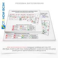 «План евакуації», який розробляється з подальшим виготовленням на пластиковій основі для подальшого розміщення у випадках виникнення пожежі, загрози вибуху або витік небезпечних речовин, землетрусу, навчальній тривозі та тренуванні.
