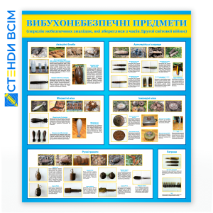 Стенд «Вибухонебезпечні предмети», який використовується в місцях, де є ризик зустрічі з небезпечними боєприпасами, мінно-вибуховими засобами або іншими вибуховими пристроями, що можуть залишатися після військових дій, навчань чи аварій.