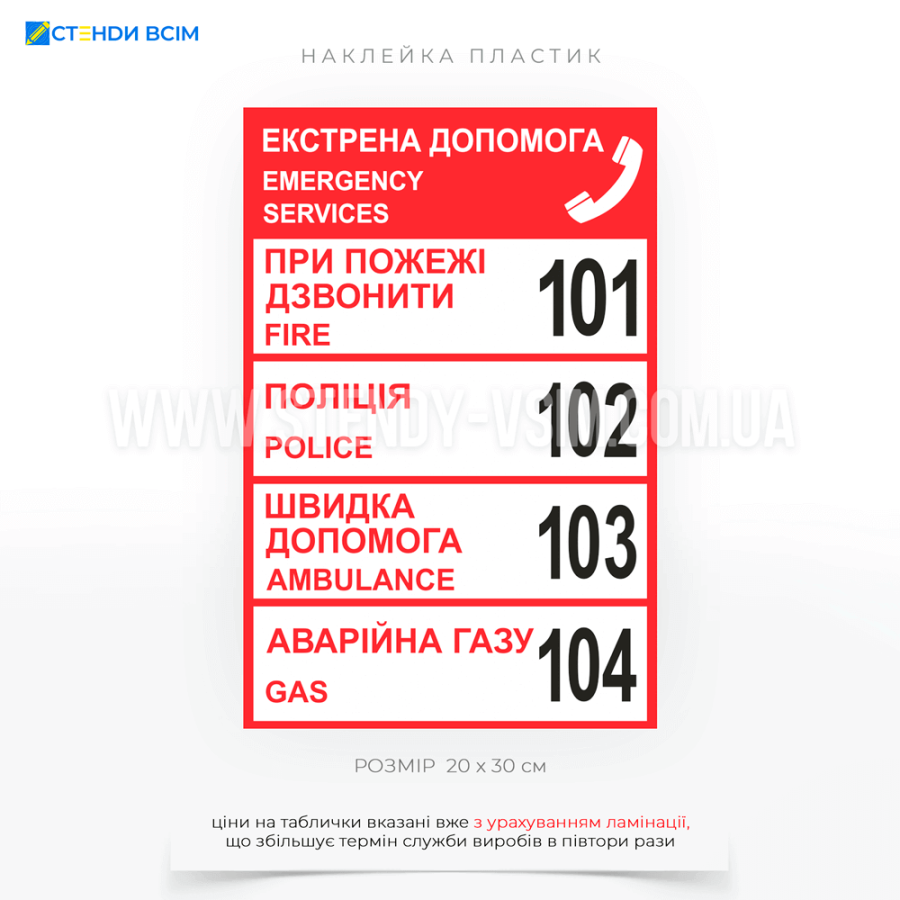 Табличка червоного кольору «Екстрена допомога» з контактною інформацією для виклику зовнішніх служб (101, 102, 103, 112), та дозволяє заощаджувати час, виключаючи розрахунковий метод дій та згладжуючи зменшення паніки у позаштатних ситуаціях.