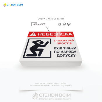 Табличка «Небезпека! Замкнутий простір» використовується для попередження працівників про наявність замкнутого простору, в якому можуть виникнути небезпечні умови.