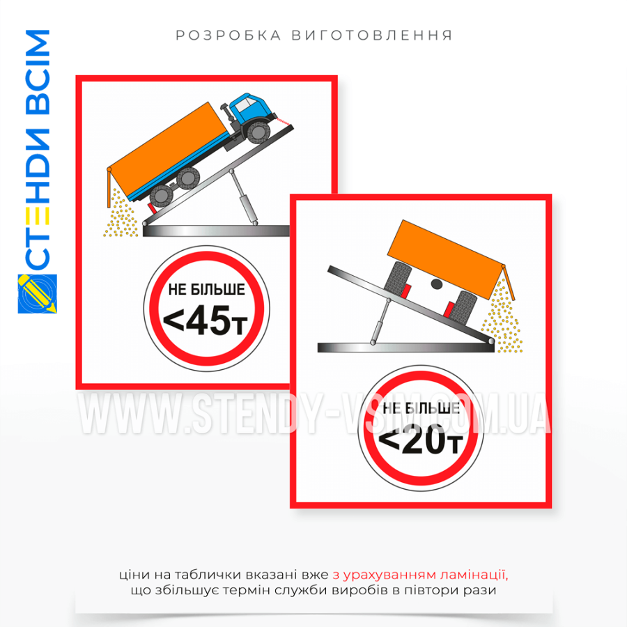 Табличка «Напрямок та типи вивантаження» для інформування водіїв, операторів транспортних засобів або працівників на місцях, де здійснюється вивантаження вантажів, про правильні процедури та напрями для безпечного та ефективного розвантаження.