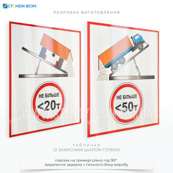 Табличка «Напрямок та типи вивантаження» для інформування водіїв, операторів транспортних засобів або працівників на місцях, де здійснюється вивантаження вантажів, про правильні процедури та напрями для безпечного та ефективного розвантаження.