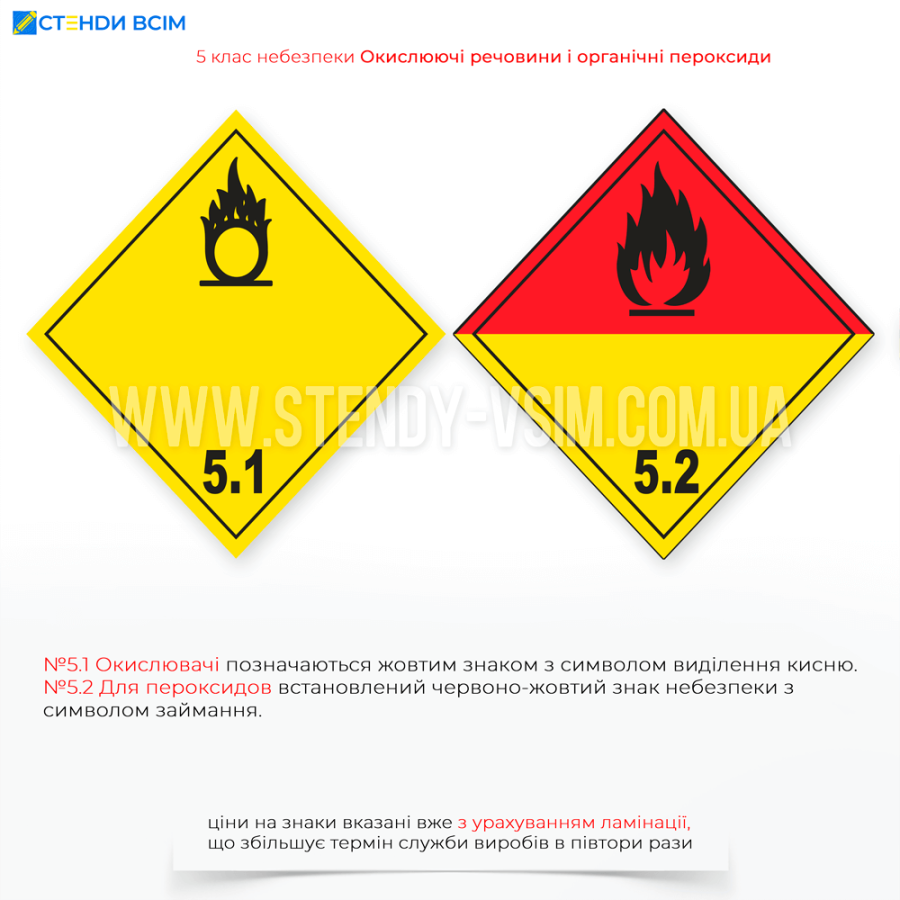Знак 5 класса опасности «Окислительные вещества и органические пероксиды», предупреждающий о возможной пожарной опасности и необходимости соблюдения особых мер безопасности при обращении с такими веществами.