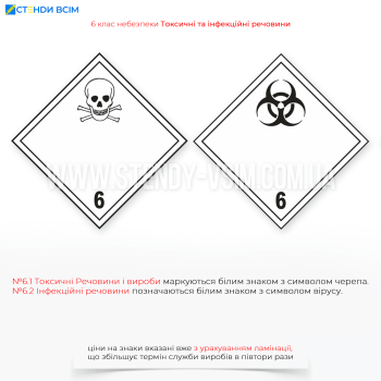 Знаки 6 класса опасности «Отравные и инфекционные вещества», используемые для обозначения веществ и материалов, составляющих токсическую или инфекционную опасность и классифицируемых в соответствии с Системой классификации и маркировки опасностей ООН.