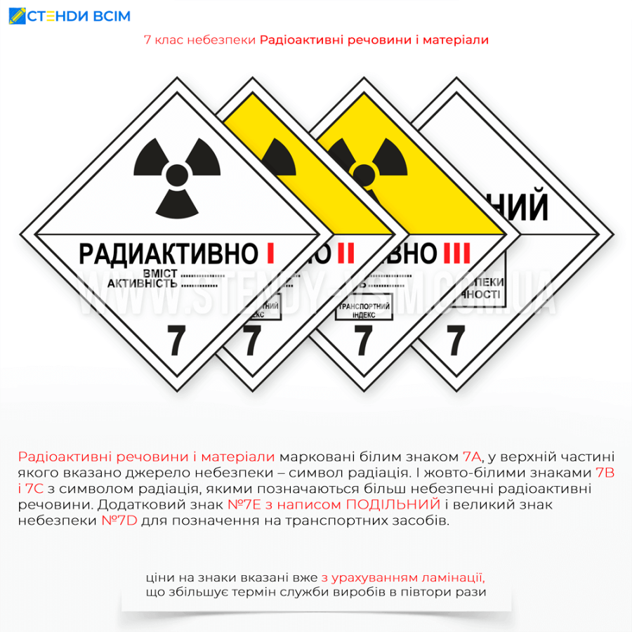 Знак 7 класса опасности «Радиоактивные материалы», который относится к категории опасных веществ и материалов и обладает радиоактивными свойствами. Класс включает материалы, которые могут излучать ионизирующее излучение.