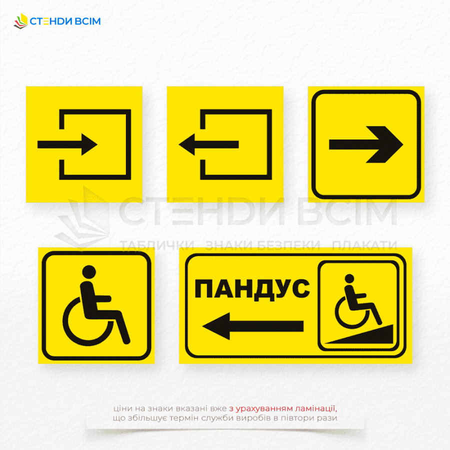 Знак покажчик «Інвалід» T027, який використовується для позначення місць або об'єктів, які призначені для людей з інвалідністю, його зображення як чорний символ людини в інвалідному візку на жовтому фоні є загальноприйнятим у багатьох країнах.