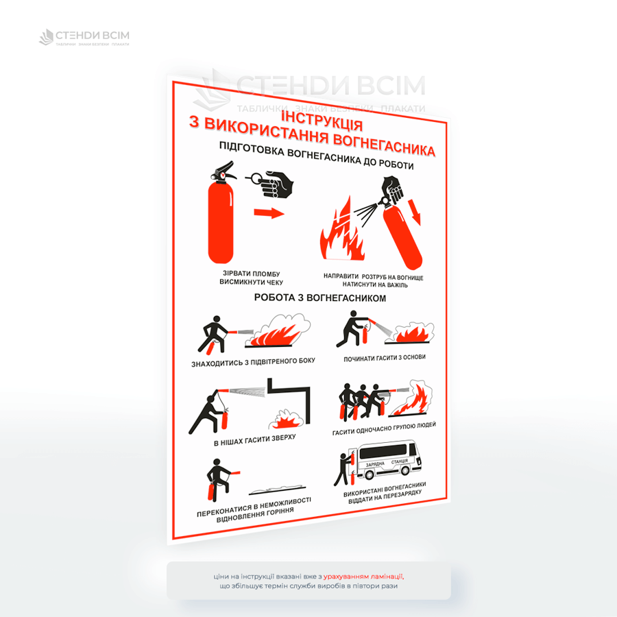 «Інструкція з використання вогнегасника», яка містить покрокові дії для правильної підготовки та ефективного гасіння пожежі за допомогою вогнегасника.