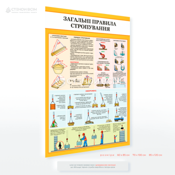 Плакат «Загальні правила стропування» призначений для стропальників, кранівників та інших працівників, що виконують або контролюють вантажопідіймальні операції.