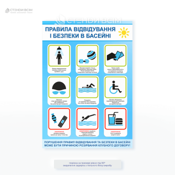 Стенд «Правила відвідування і безпеки в басейні» — містить піктограми, правила гігієни, користування інвентарем та безпеки на воді. Ідеально підходить для басейнів, спорткомплексів, фітнес-клубів та SPA-центрів.