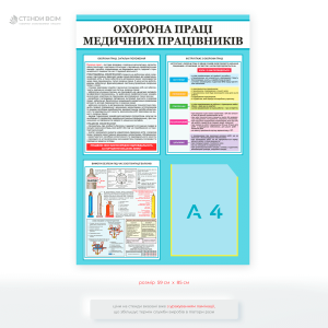 Стенд «Охорона праці медичних працівників» для інформування медичного персоналу про ключові правила з охорони праці, навчання та нагадування про типи інструктажів.