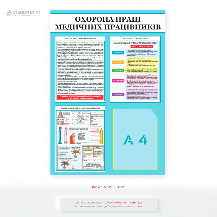Стенд «Охорона праці медичних працівників» для інформування медичного персоналу про ключові правила з охорони праці, навчання та нагадування про типи інструктажів.