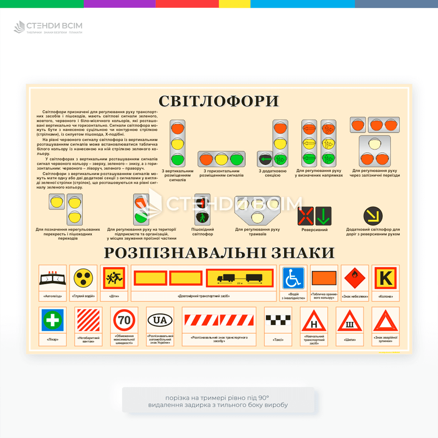 Стенд ПДД Украины «Светофоры», регулирующие дорожное движение, объясняет их значение, где изображены различные виды светофоров, используемых на дорогах, а также правила действий участников движения.