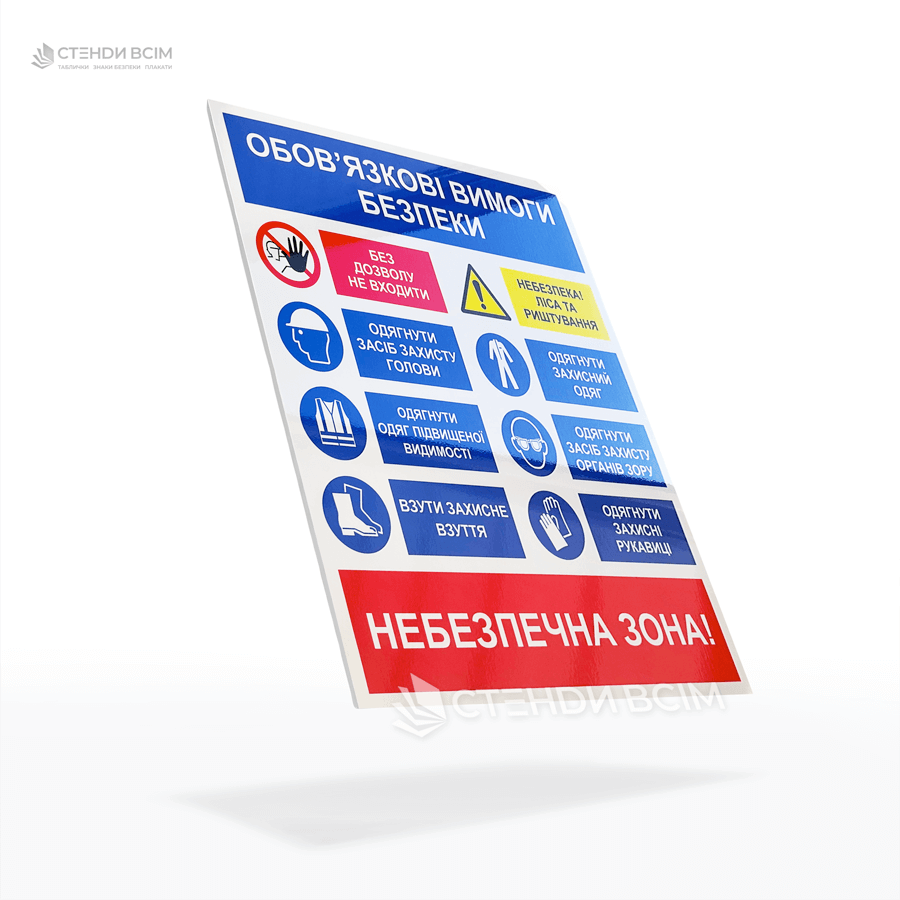 Табличка для будівельного майданчика України «Обов'язкові вимоги безпеки» з написами та зображенням знаків обов'язкової дії та охорони праці для працюючих будівельників.