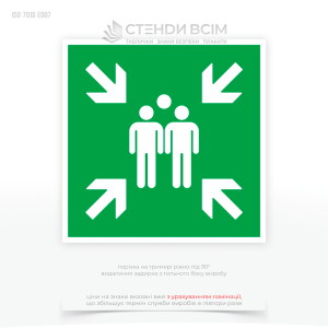 Знак пожежної безпеки з зеленим фоном як символ безпеки та білими символами E007 «Місце збору в разі евакуації», який використовується для вказівки місця, куди повинні прямувати люди в разі евакуації будівлі або території.