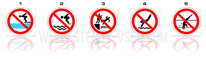 8 видів знаків заборони для басейну для розміщення в басейнах або водоймах за правилами чи нормативами пірнання з трамплінів може бути заборонено взагалі, наприклад, для уникнення нещасних випадків серед непідготовлених осіб.
