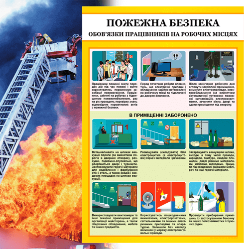 Плакати «Пожежна безпека» для навчання та нагадування співробітникам про правила безпеки, допомагаючи знизити ризики виникнення пожеж та мінімізувати їх наслідки.