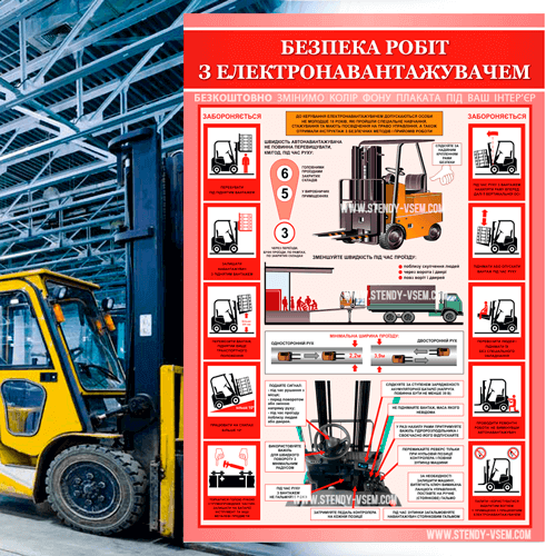 Плакати з охорони праці на складі Безпека роботи на складі. Електронавантажувач