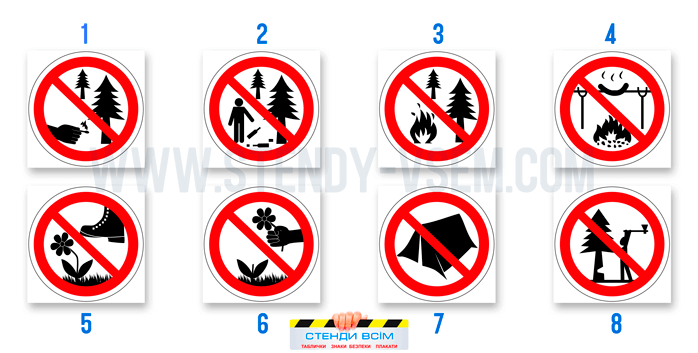 Знаки для охорони природи в лісі застосовуються для інформування, попередження та спрямування відвідувачів щодо правил поведінки, захисту природних ресурсів і забезпечення безпеки людей та тварин.