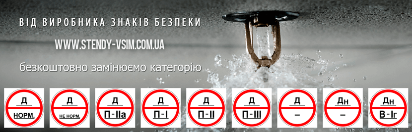 9 варіантів знаків пожежної категорії приміщень пожежної небезпеки приміщень в Україні - «Д» до якої належать механічні майстерні, цехи холодної обробки металу, повітродувні станції, склади металу.