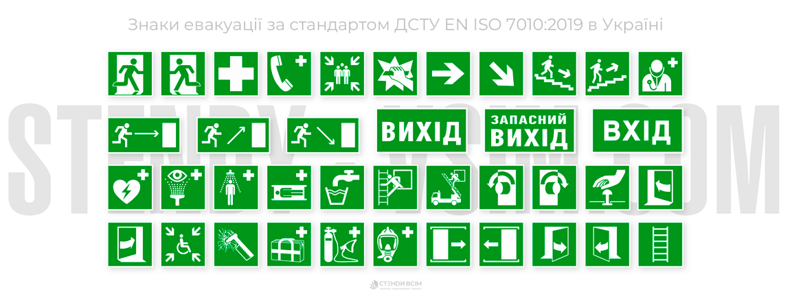 Знаки евакуації за стандартом ДСТУ 7010-2019 в Україні